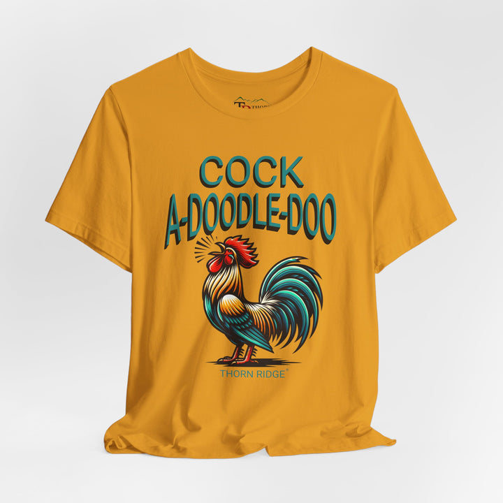 t-shirt with colorful rooster graphic and 'Cock A-Doodle-Doo' text labeled Thorn Ridge®