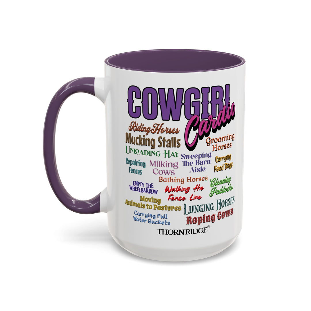 Mug with 'Cowgirl Cardio' text and purple handle on a white background