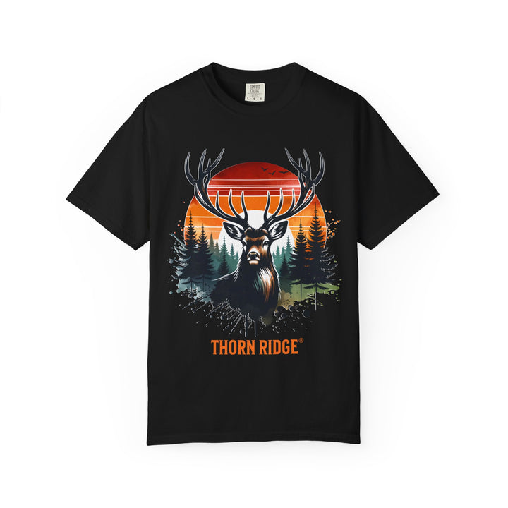 Buck At Sunset Tee labeled Thorn Ridge®
