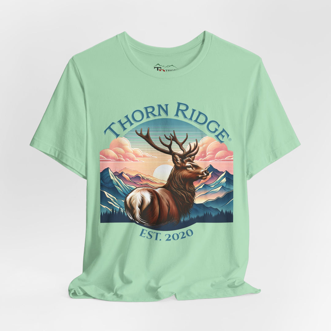 Guardian Buck Tee of a white tailed buck looking out across the mountains labeled Thorn Ridge®