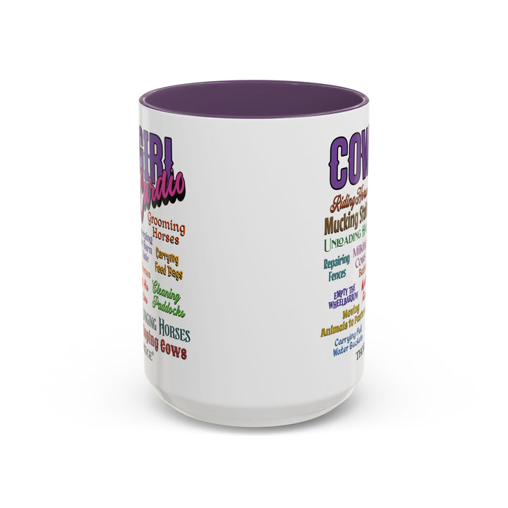 Mug with 'Cowgirl Cardio' text and purple handle on a white background