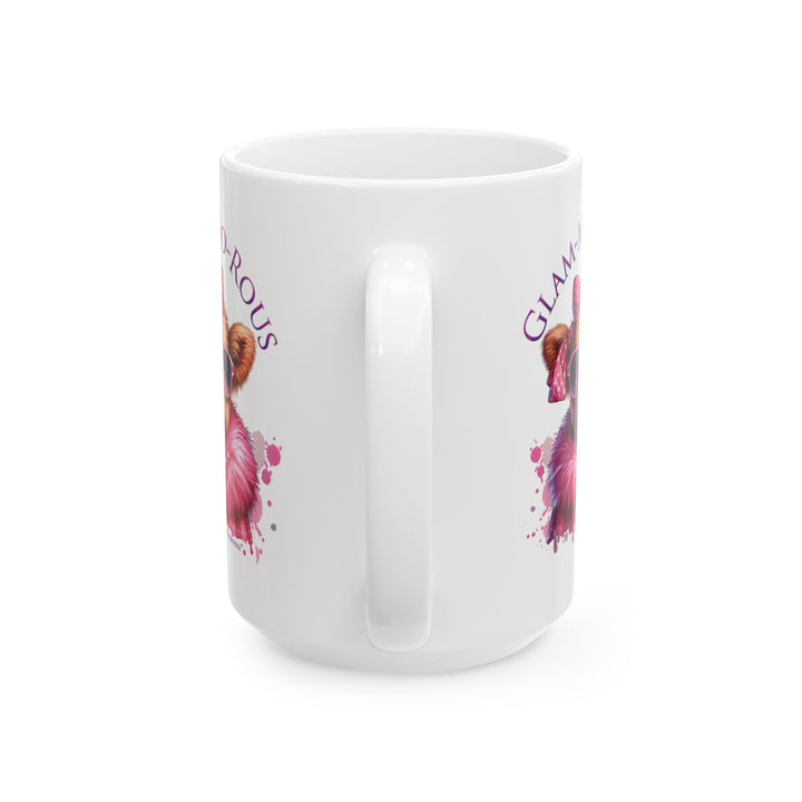 Thorn Ridge® Mug with a cow wearing glasses and fur colored jacket in hot pink and the text 'GLAM-MOO-ROUS' on a white background.
