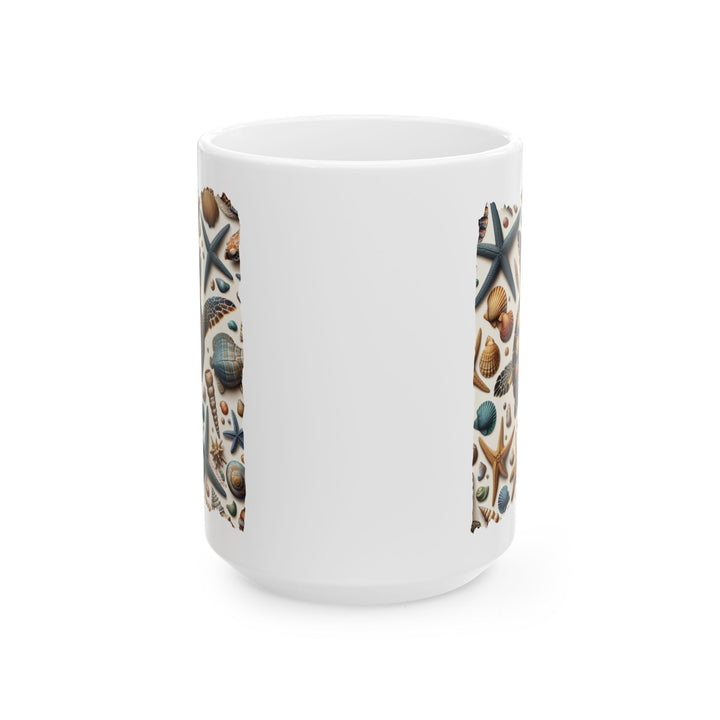White mug with a sea-themed design featuring a turtle, starfish, and shells by Thorn Ridge®