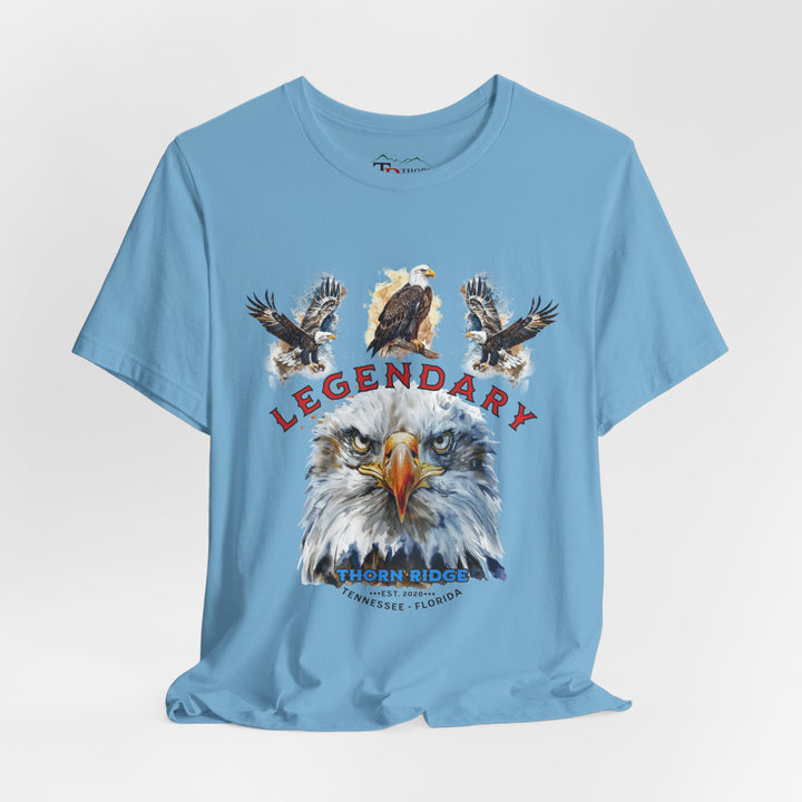 t-shirt with an eagle graphic and 'Legendary' text with three eagles above it