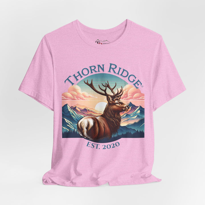 Guardian Buck Tee of a white tailed buck looking out across the mountains labeled Thorn Ridge®