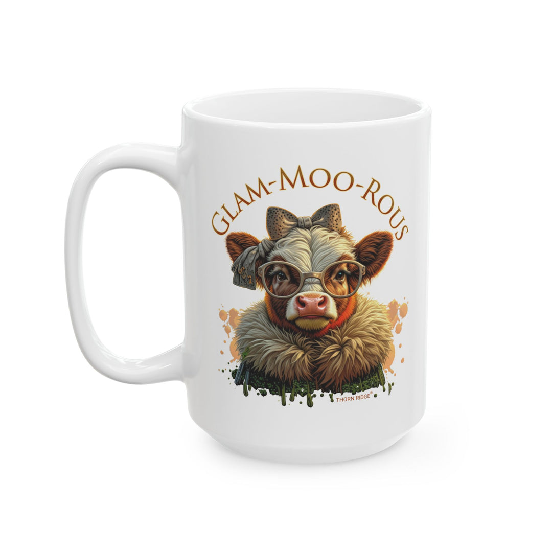 Thorn Ridge® Mug with a cow wearing glasses and fur colored jacket in brown tones and the text 'GLAM-MOO-ROUS' on a white background.