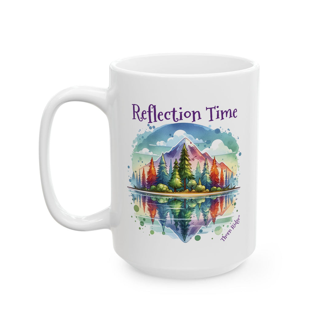 White mug with a colorful nature scene and 'Reflection Time' text by Thorn Ridge®