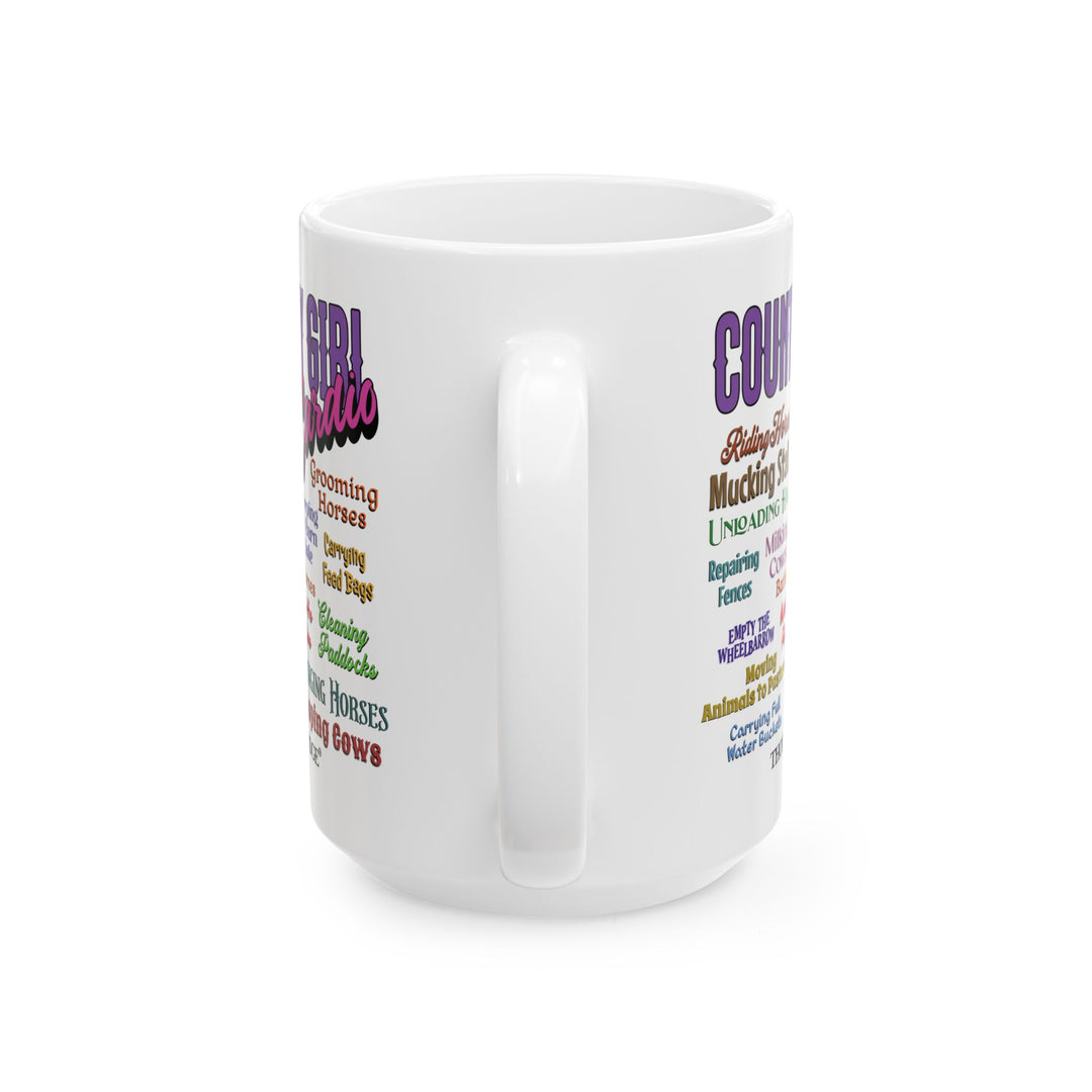 Country Girl Cardio mug with colorful text listing country girl chores on a white background by Thorn Ridge®