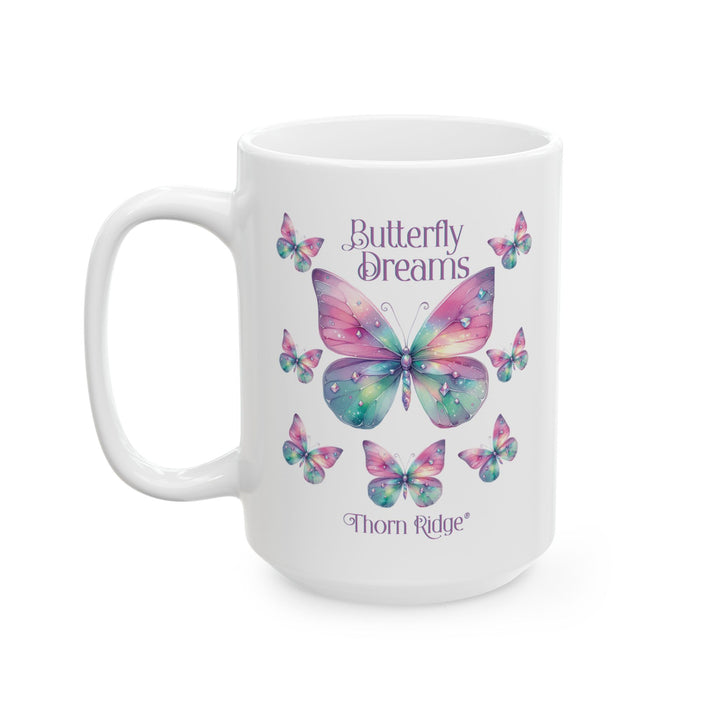 White mug with colorful butterfly design and 'Butterfly Dreams' text by Thorn Ridge®