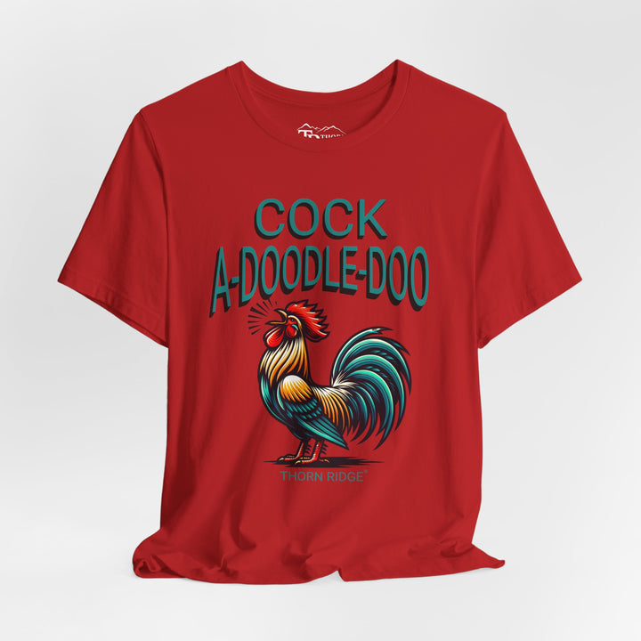 t-shirt with colorful rooster graphic and 'Cock A-Doodle-Doo' text labeled Thorn Ridge®