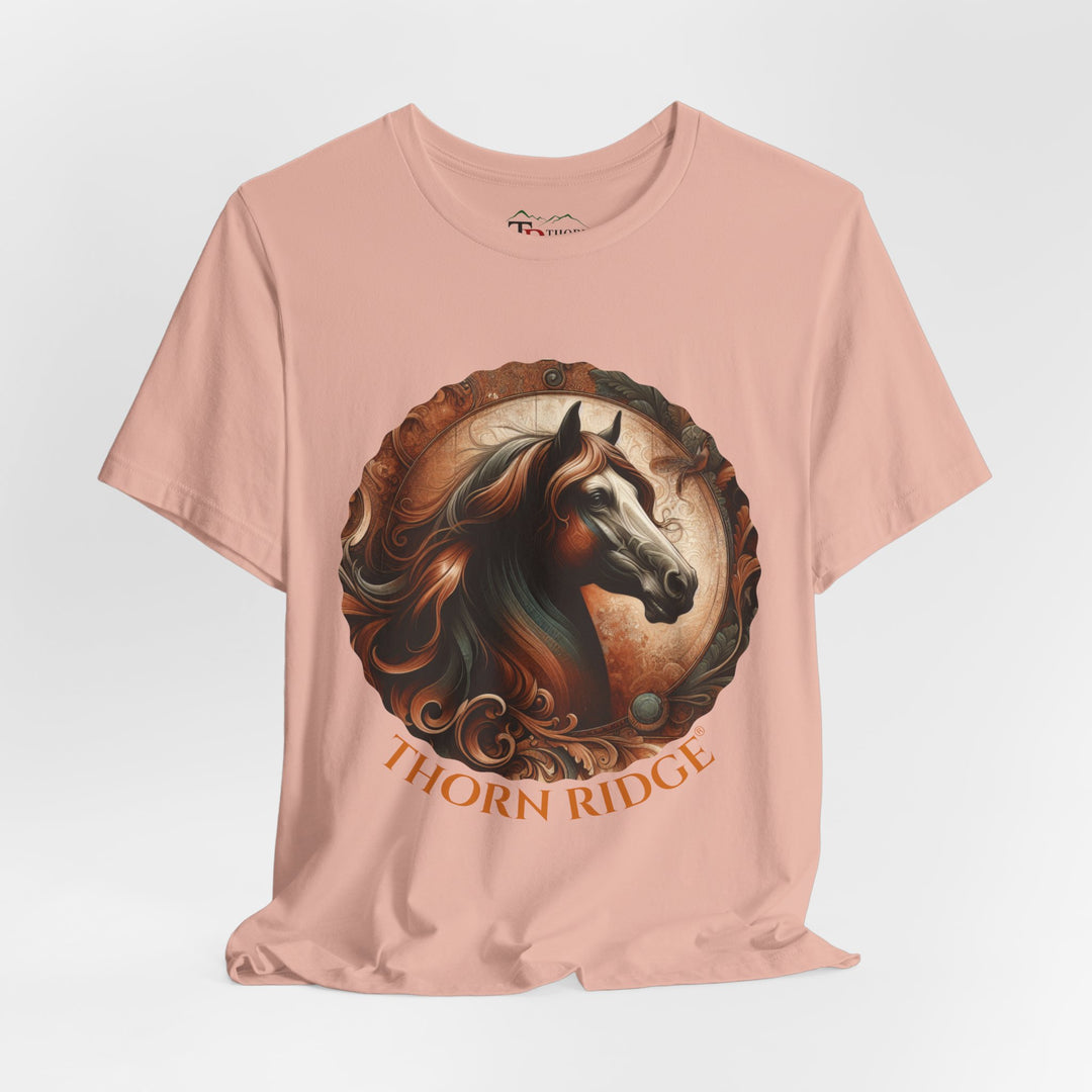 elegant horse head circular graphic  in brown tones t-shirt labeled Thorn Ridge®