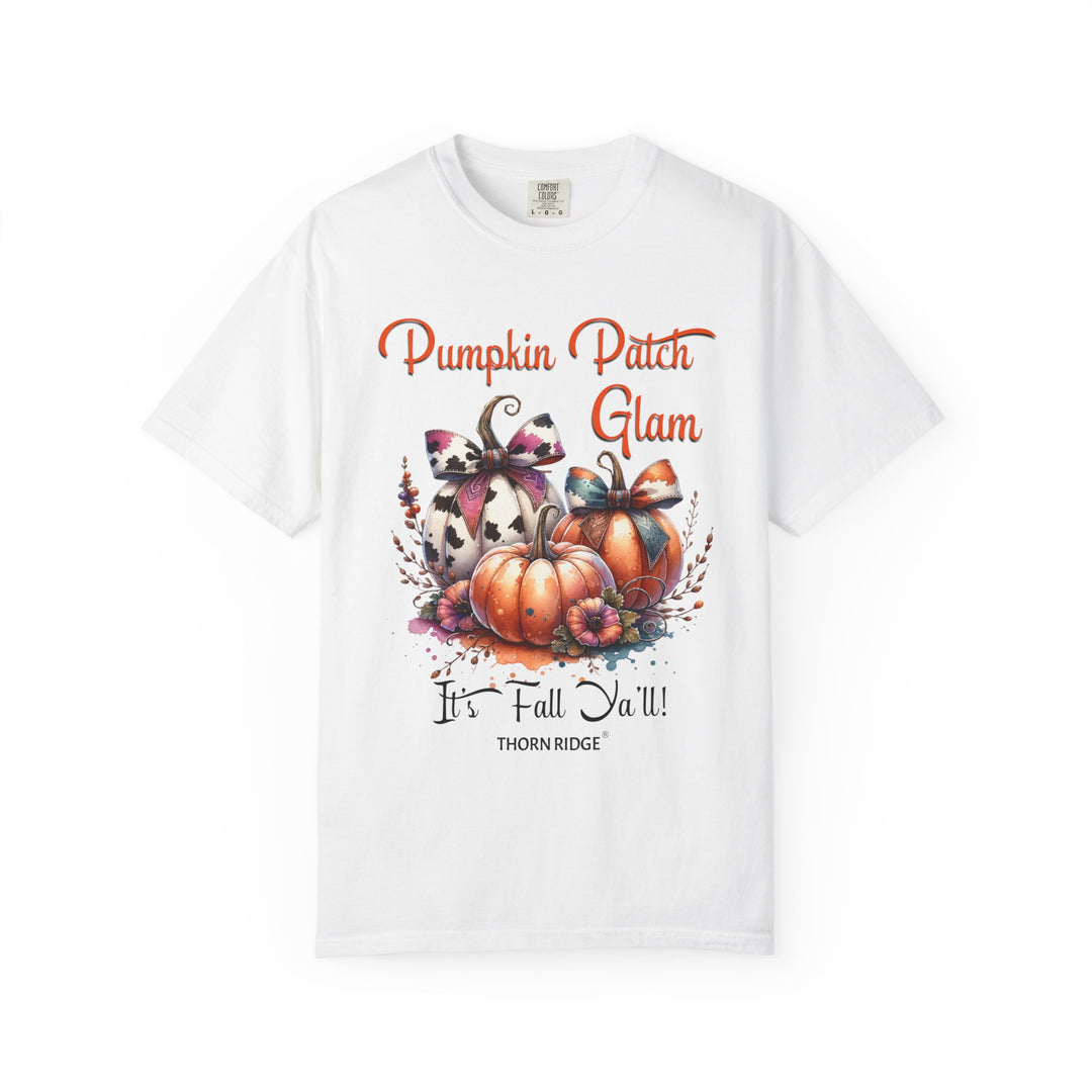 Pumpkin Patch Glam graphic tee with pumpkins wearing cow print bows labeled Thorn Ridge®
