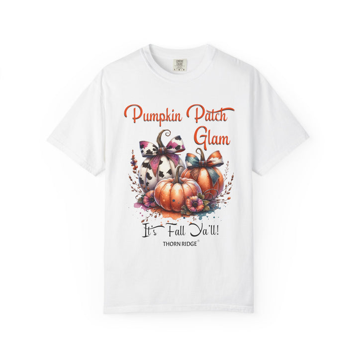 Pumpkin Patch Glam graphic tee with pumpkins wearing cow print bows labeled Thorn Ridge®