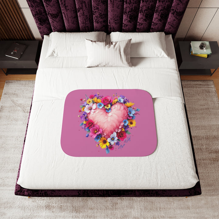 Feathers & Flowers Heart Sherpa Blanket in pinks with a feather heart surrounded by flowers by Thorn Ridge®