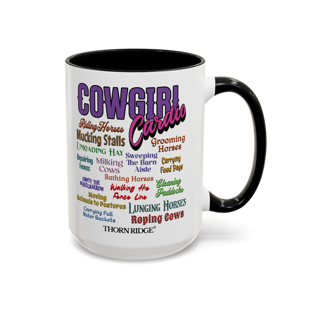 Mug with 'Cowgirl Cardio' text and blck handle on a white background