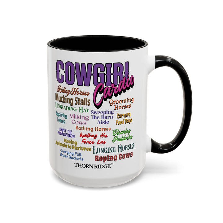 Mug with 'Cowgirl Cardio' text and blck handle on a white background