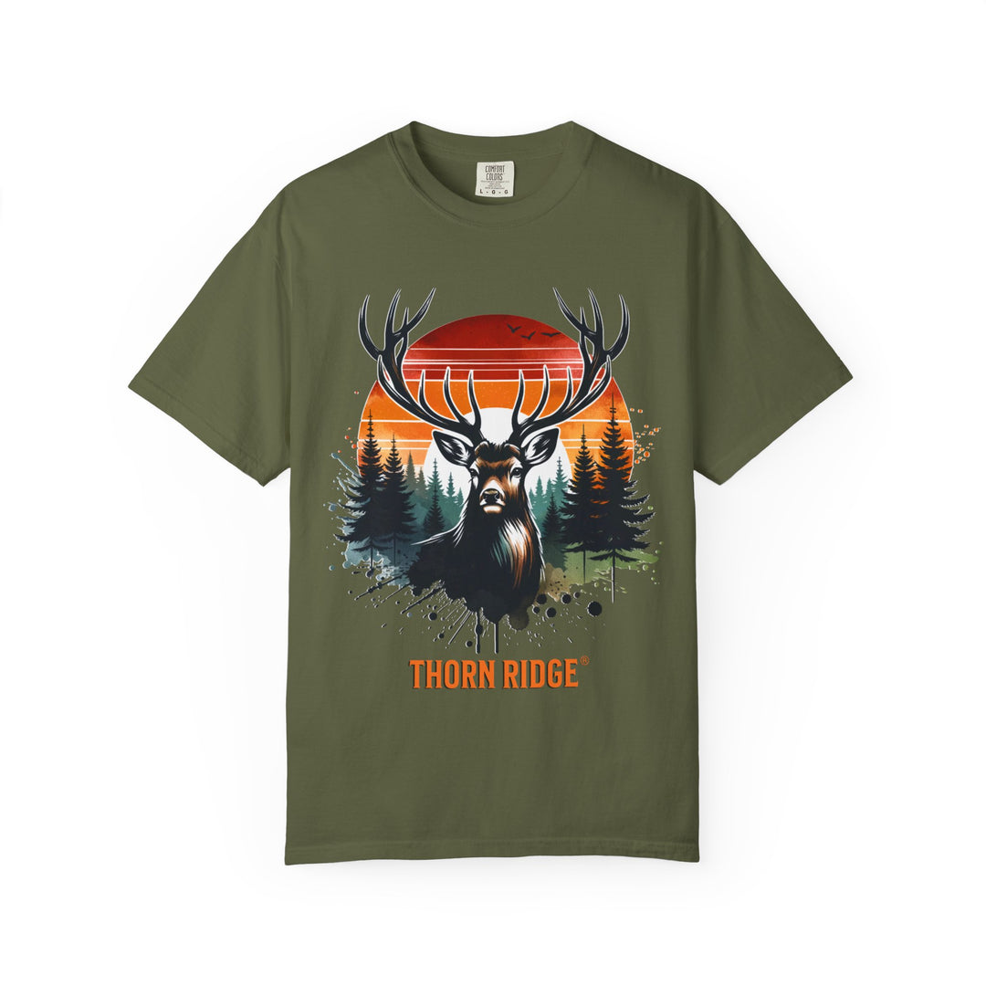 Buck At Sunset Tee labeled Thorn Ridge®