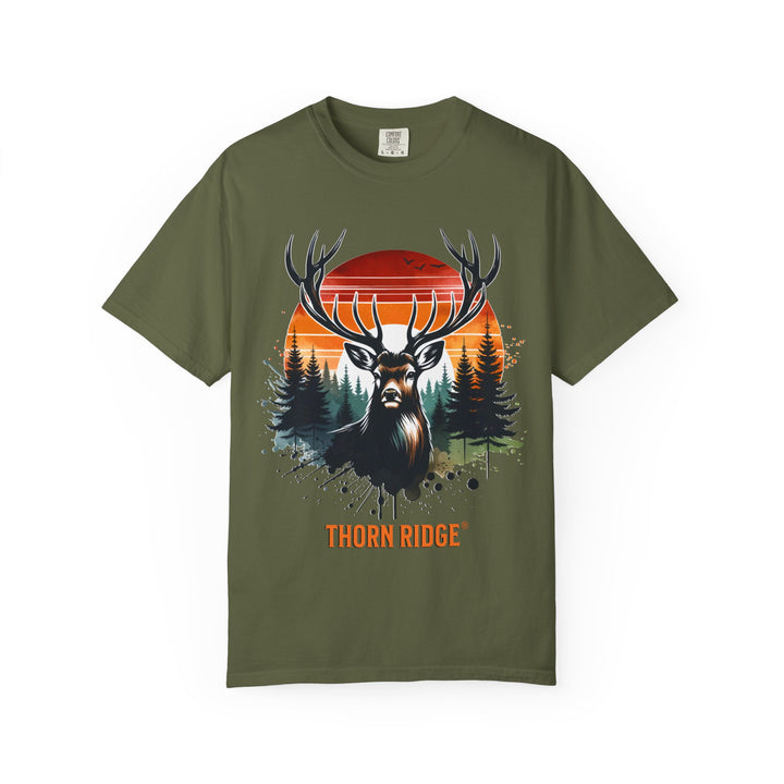 Buck At Sunset Tee labeled Thorn Ridge®