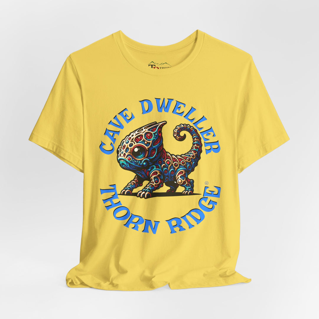 Cave Dweller funny lizard creature graphic tee labeled Thorn Ridge®