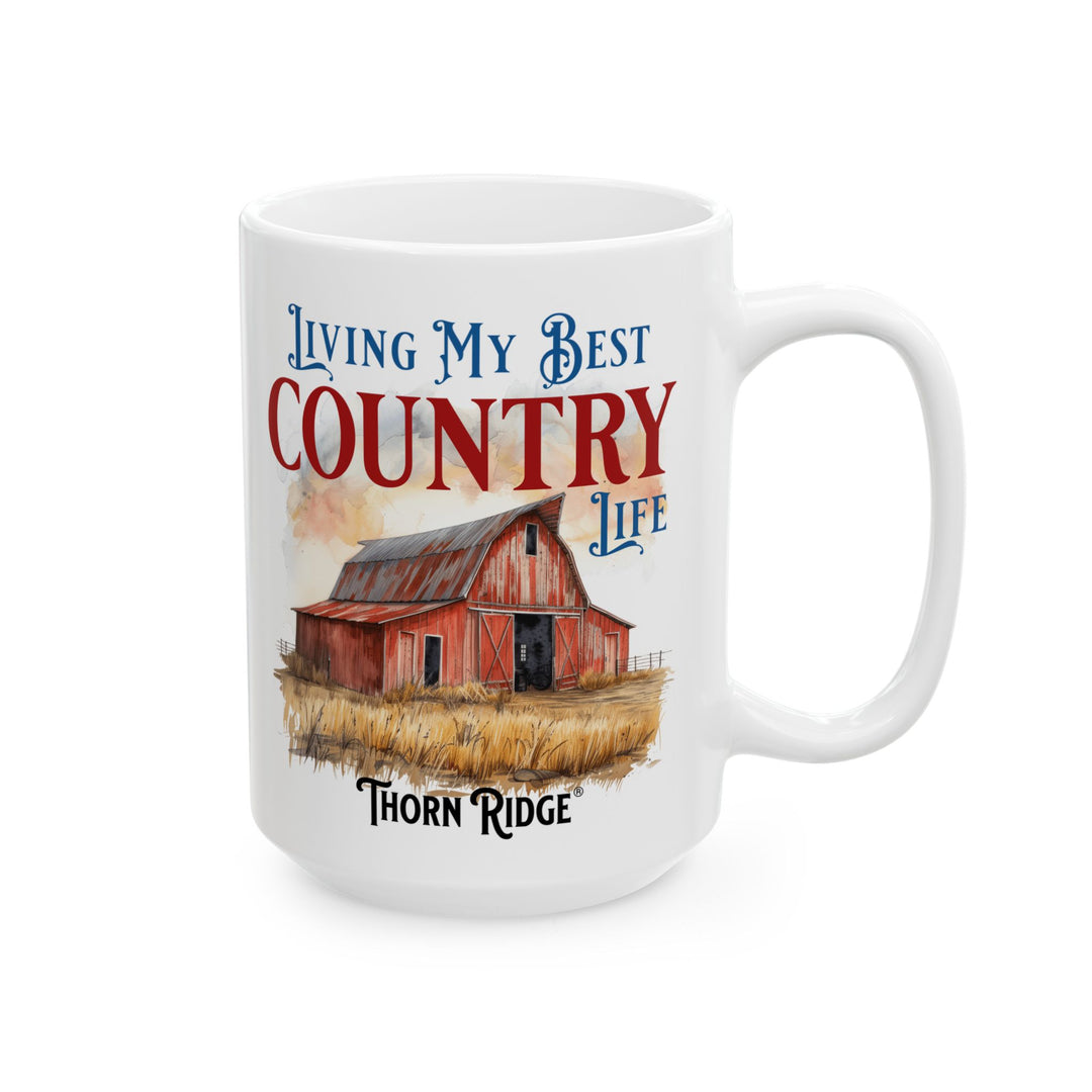 Mug with a barn illustration and text 'Living My Best Country Life' labeled Thorn Ridge®