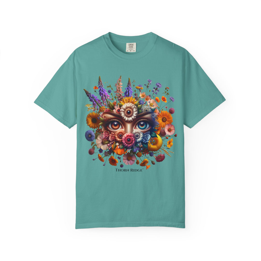 t-shirt with a colorful floral design and eyes in the center that seem like they're watching you. Branded Thorn Ridge®.