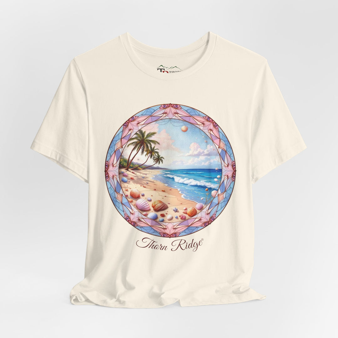 Beige t-shirt with a beach graphic and 'Thorn Ridge' branding on a light gray background