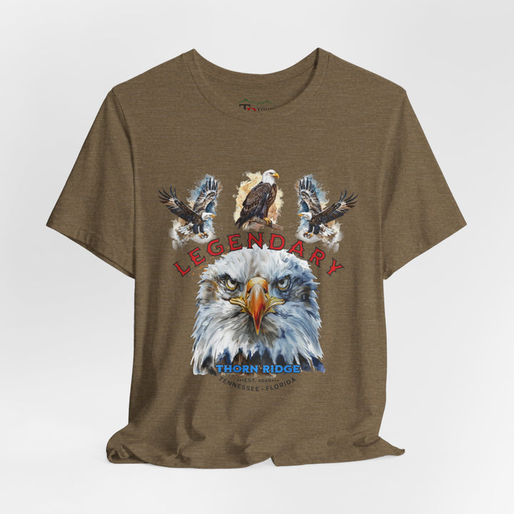 t-shirt with an eagle graphic and 'Legendary' text with three eagles above it