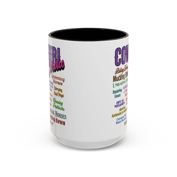 Mug with 'Cowgirl Cardio' text and black handle on a white background