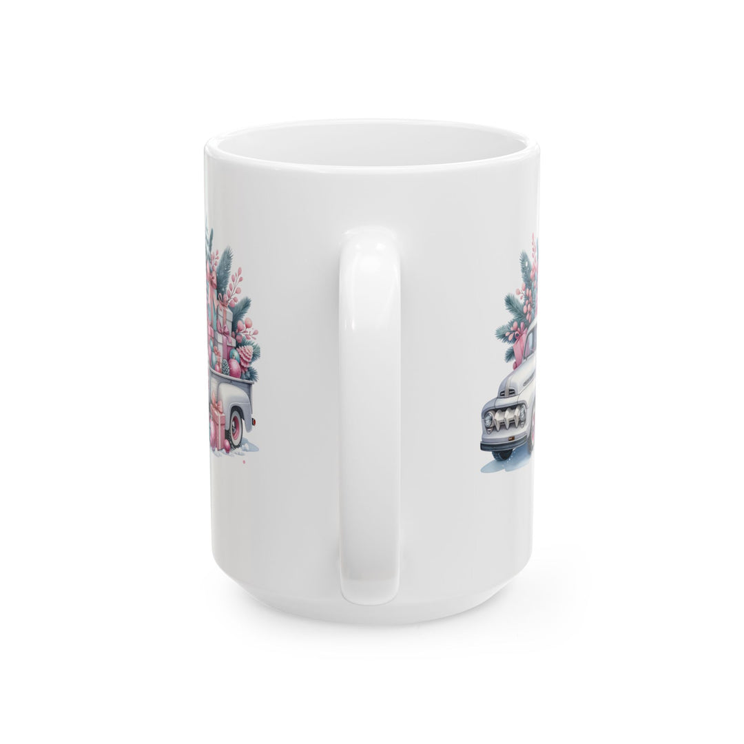 White mug by Thorn Ridge® with a vintage Christmas truck design featuring trees and presents in pink and teal colors on a white background