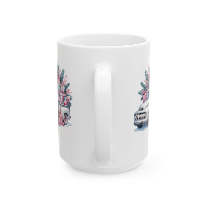 White mug by Thorn Ridge® with a vintage Christmas truck design featuring trees and presents in pink and teal colors on a white background
