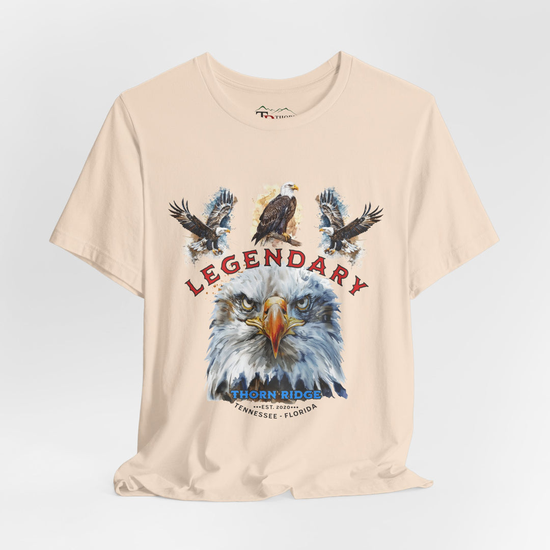 t-shirt with an eagle graphic and 'Legendary' text with three eagles above it