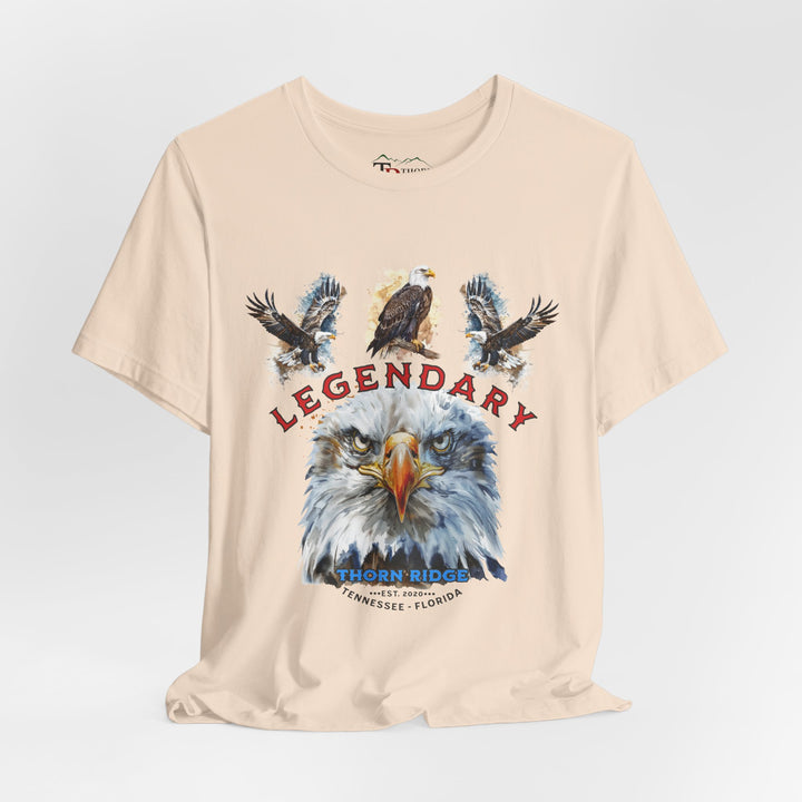 t-shirt with an eagle graphic and 'Legendary' text with three eagles above it