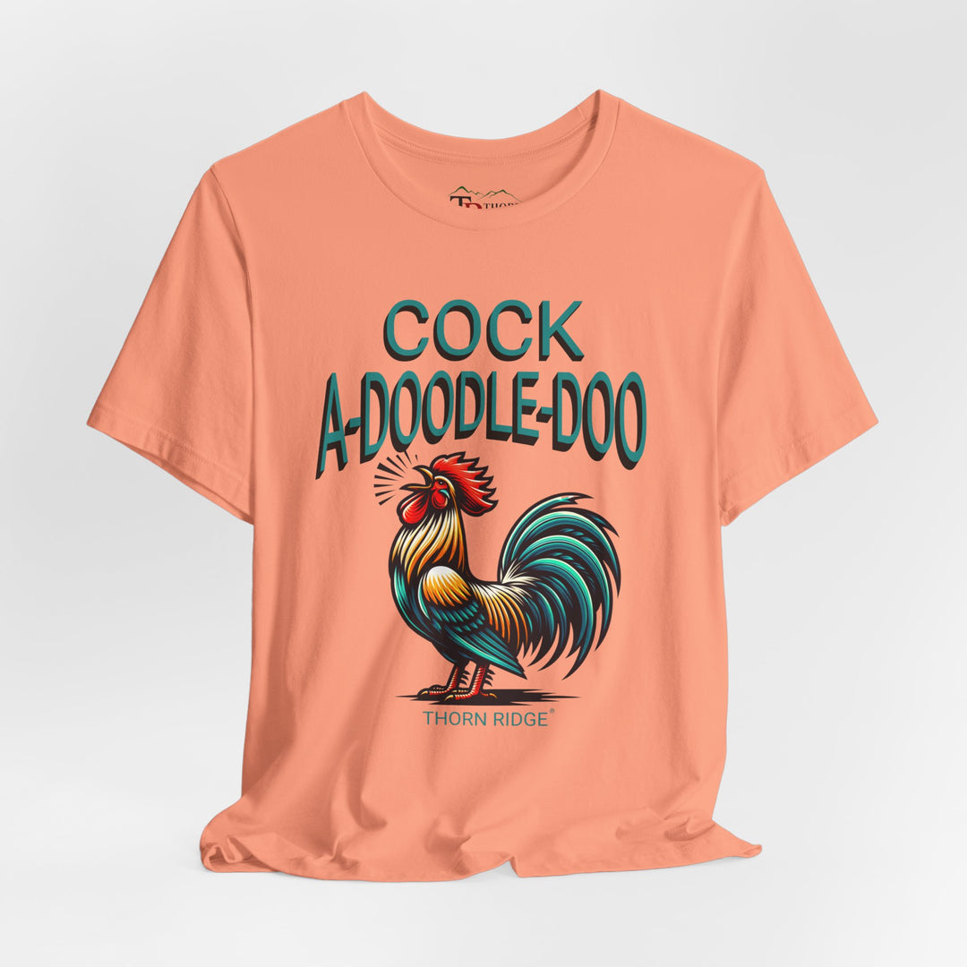 t-shirt with colorful rooster graphic and 'Cock A-Doodle-Doo' text labeled Thorn Ridge®