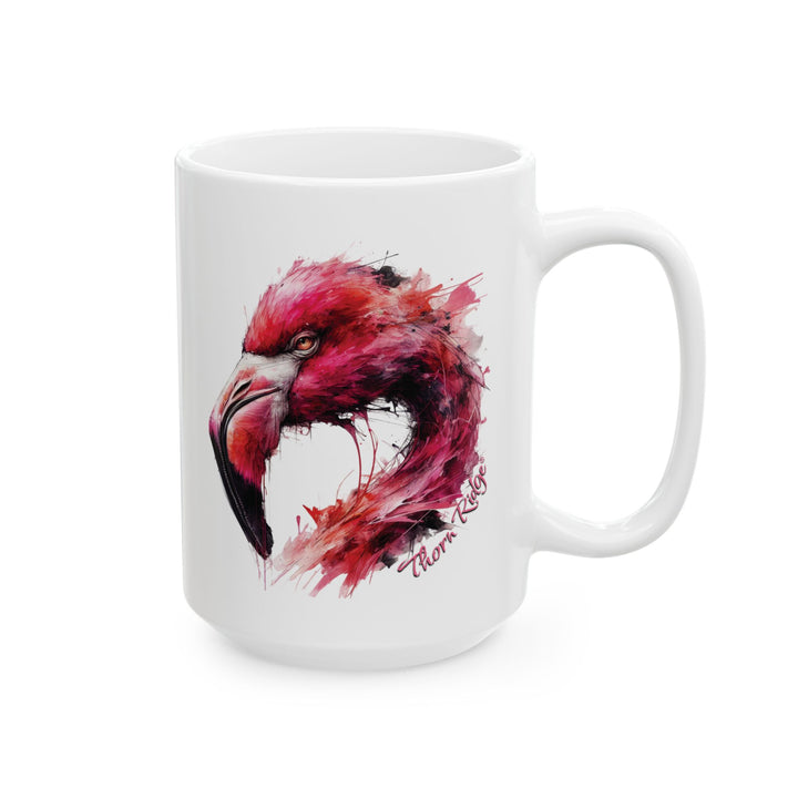White mug with a hot pink and black flamingo design by Thorn Ridge®