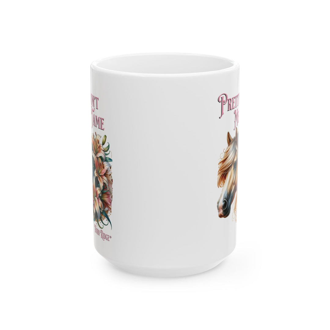 White mug with a horse and floral design, featuring the text 'Pretty Don't Mean Tame' by Thorn Ridge®