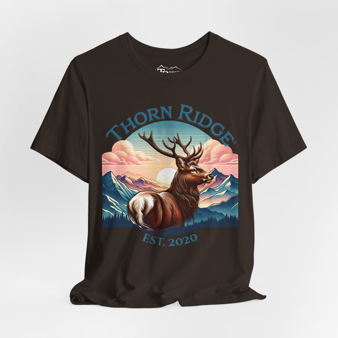 Guardian Buck Tee of a white tailed buck looking out across the mountains labeled Thorn Ridge®