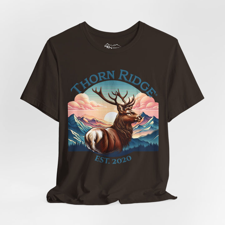 Guardian Buck Tee of a white tailed buck looking out across the mountains labeled Thorn Ridge®