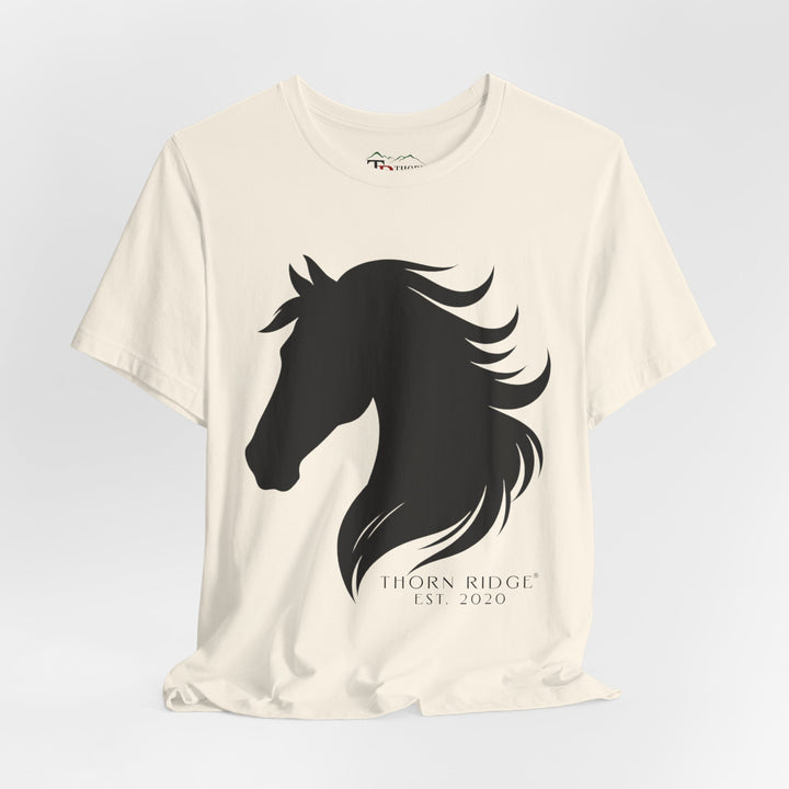 t-shirt with black horse silhouette and 'Thorn Ridge' branding 