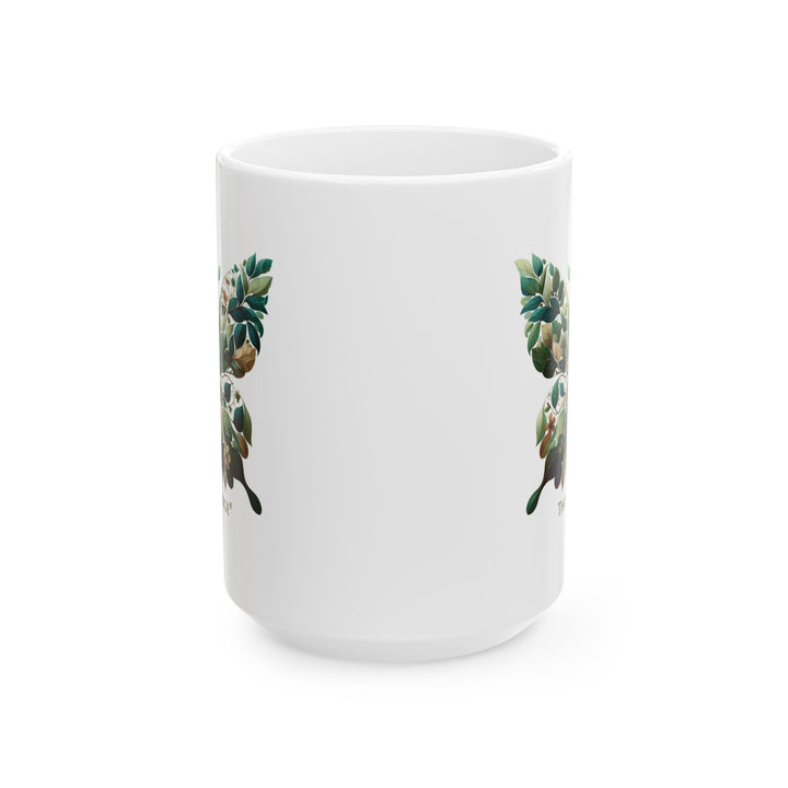 White mug with a leaf butterfly design and 'Thorn Ridge' branding on a white background