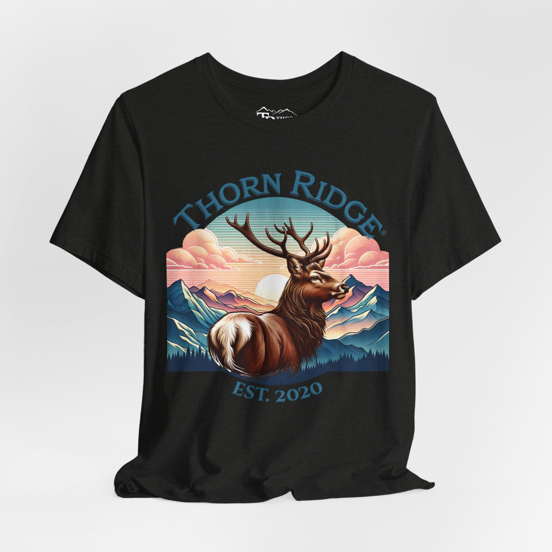 Guardian Buck Tee of a white tailed buck looking out across the mountains labeled Thorn Ridge®