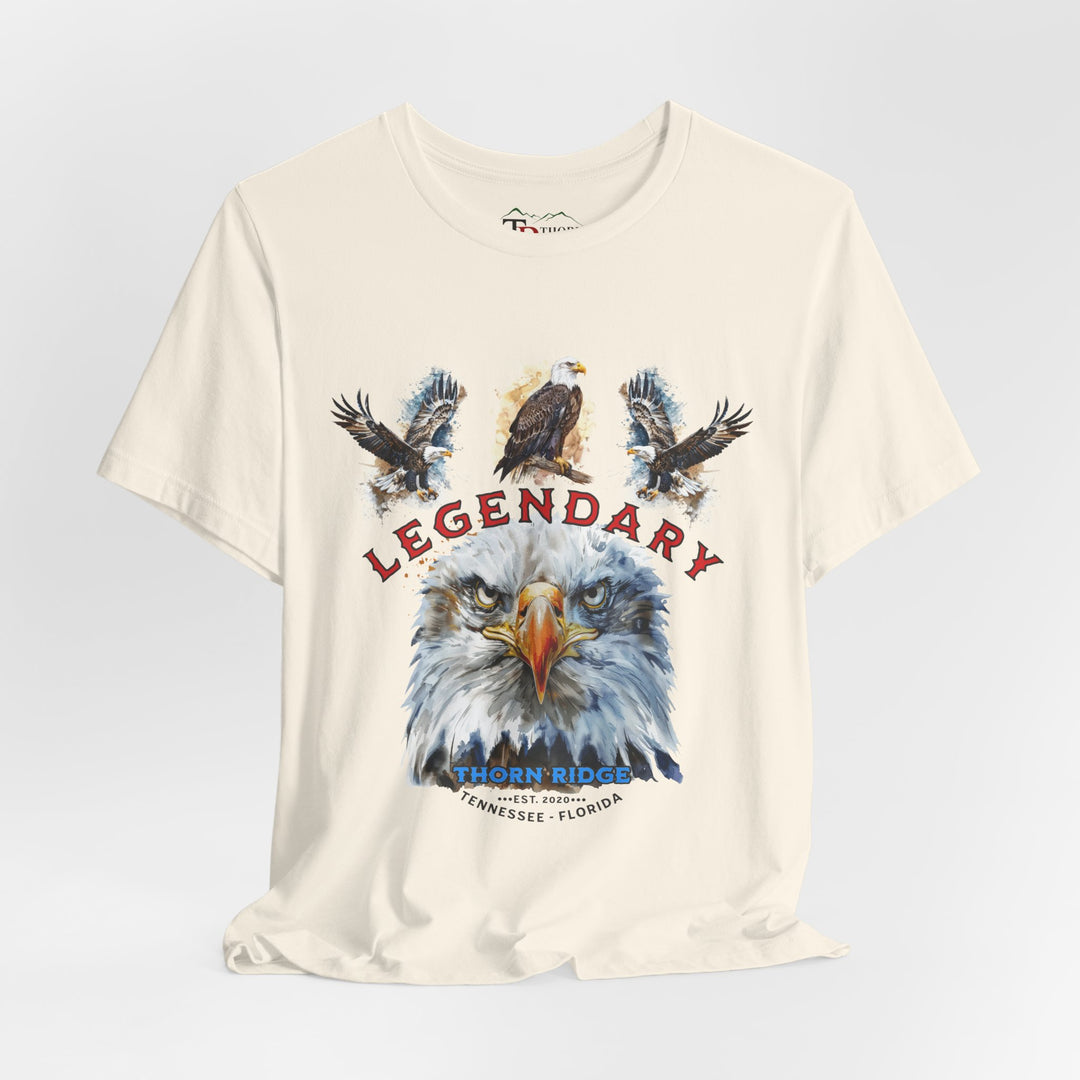 t-shirt with an eagle graphic and 'Legendary' text with three eagles above it