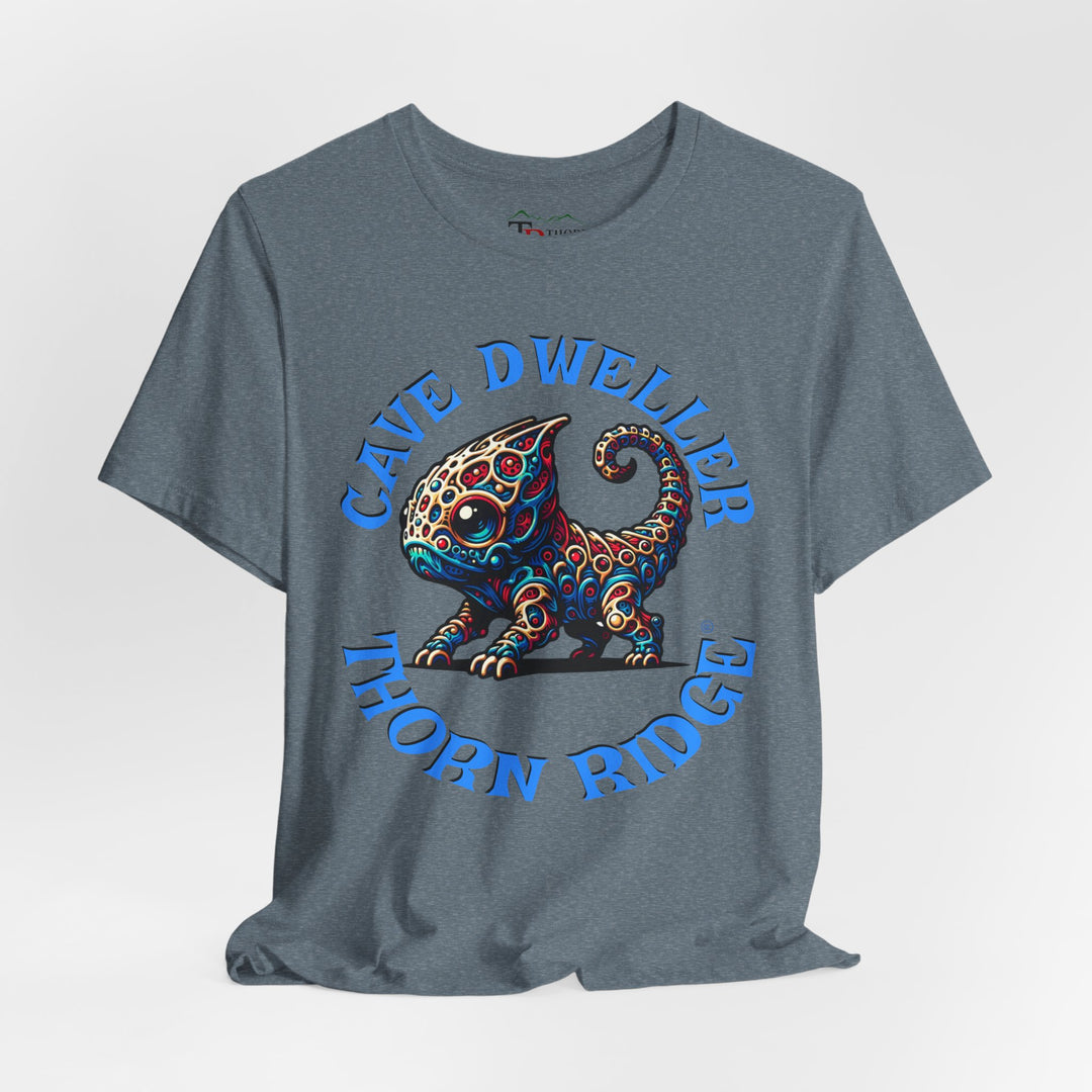 Cave Dweller funny lizard creature graphic tee labeled Thorn Ridge®