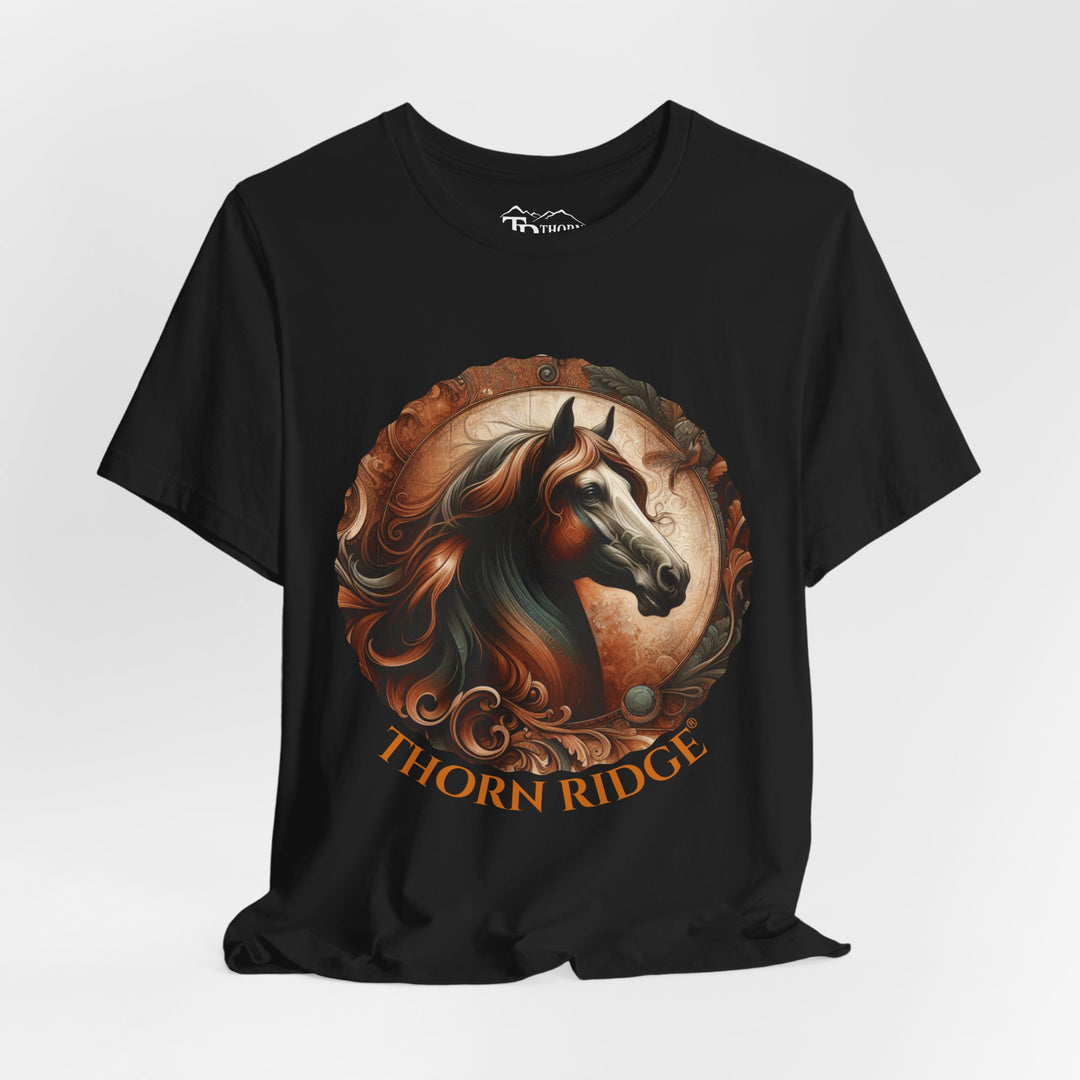 elegant horse head circular graphic  in brown tones t-shirt labeled Thorn Ridge®