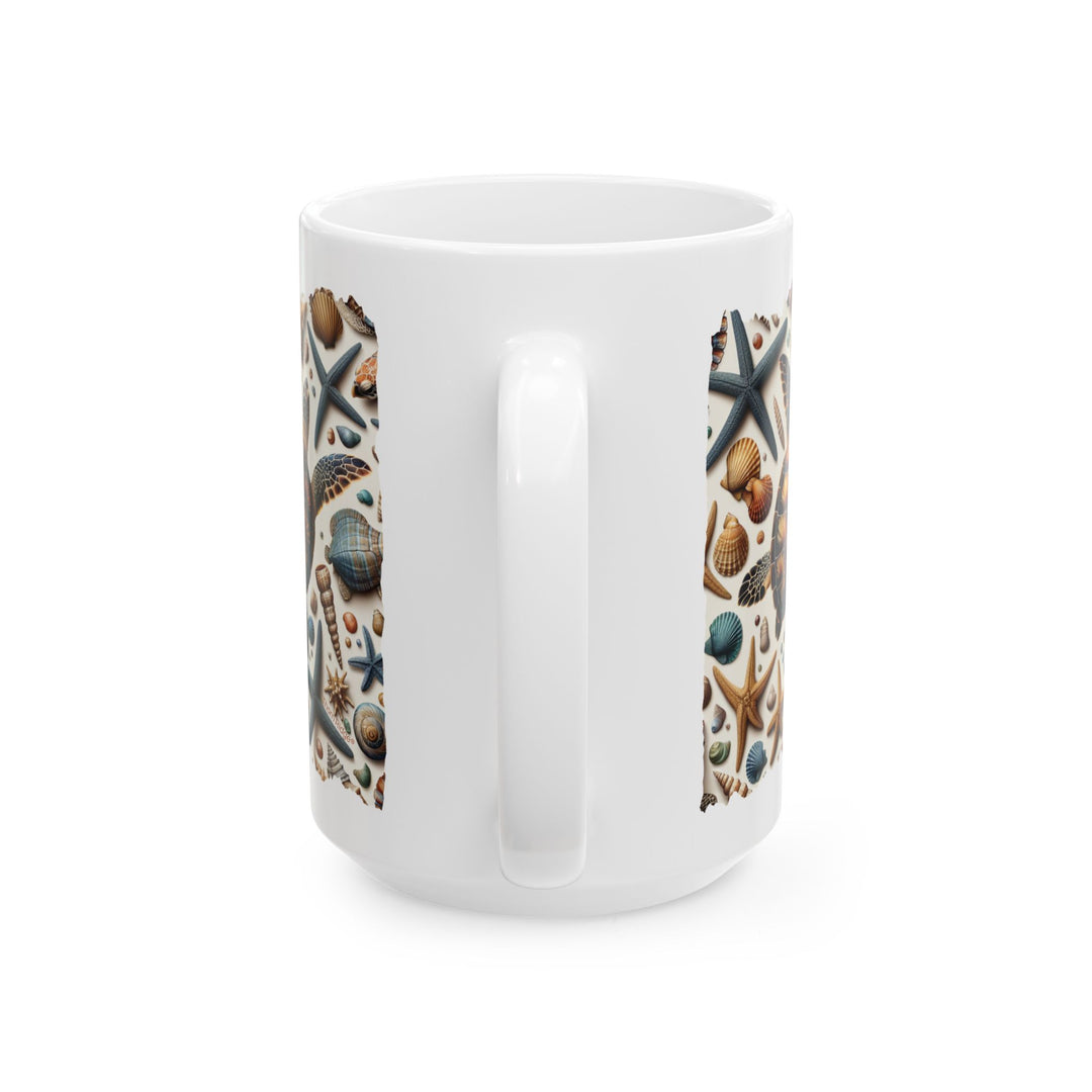 White mug with a sea-themed design featuring a turtle, starfish, and shells by Thorn Ridge®