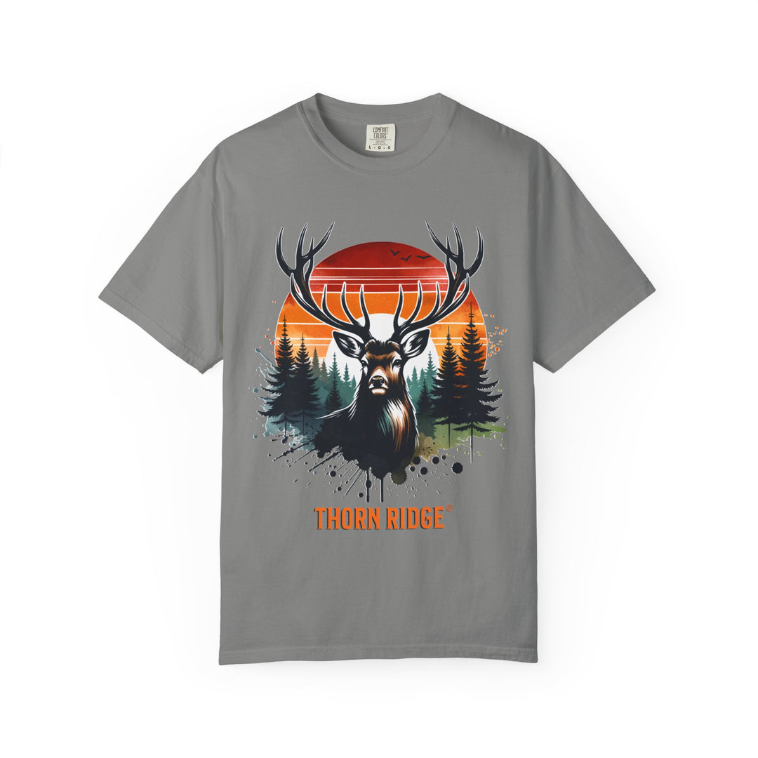 Buck At Sunset Tee labeled Thorn Ridge®