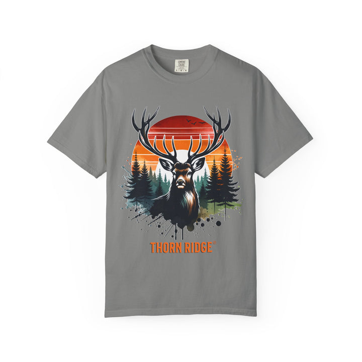 Buck At Sunset Tee labeled Thorn Ridge®