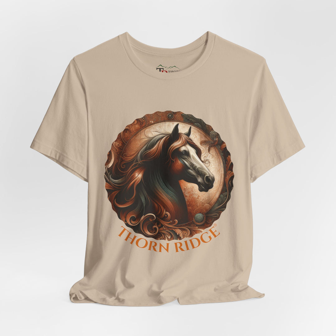 elegant horse head circular graphic  in brown tones t-shirt labeled Thorn Ridge®