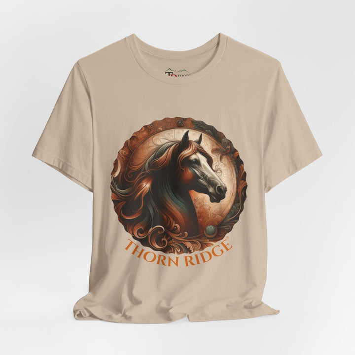 elegant horse head circular graphic  in brown tones t-shirt labeled Thorn Ridge®