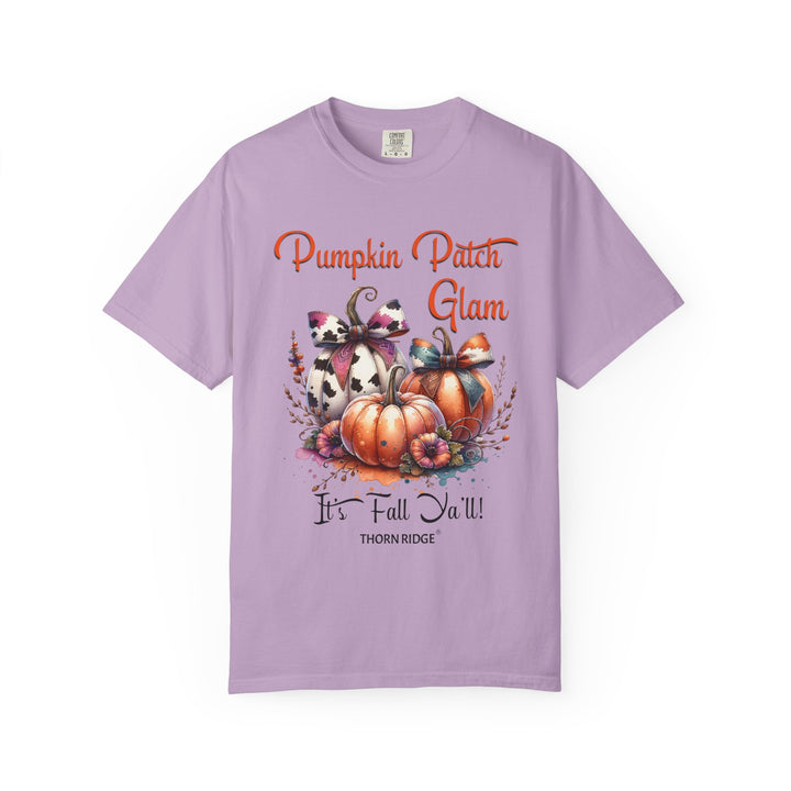 Pumpkin Patch Glam graphic tee with pumpkins wearing cow print bows labeled Thorn Ridge®