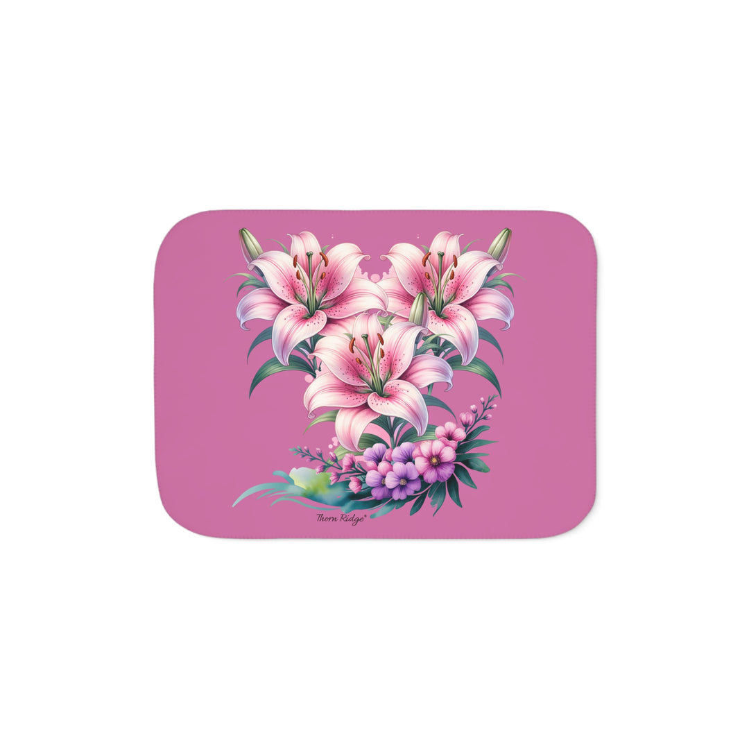 Three Lillies illustraton in pink on a pink sherpa blanket by Thorn Ridge®